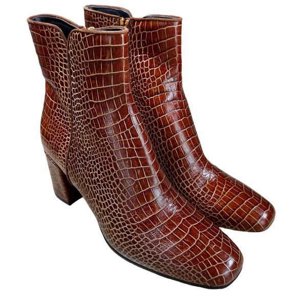 Aquatalia NWOB Denisse Croc-Embossed Leather Ankle Boots Size 10 Brown - Picture 2 of 10